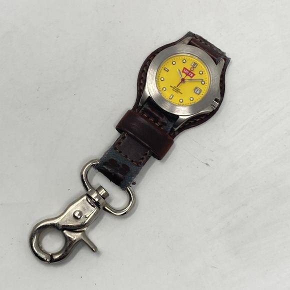 Levi's Carabiner Pocket Watch 28mm Silver Tone Yellow Dial Date New Battery - Picture 3 of 7